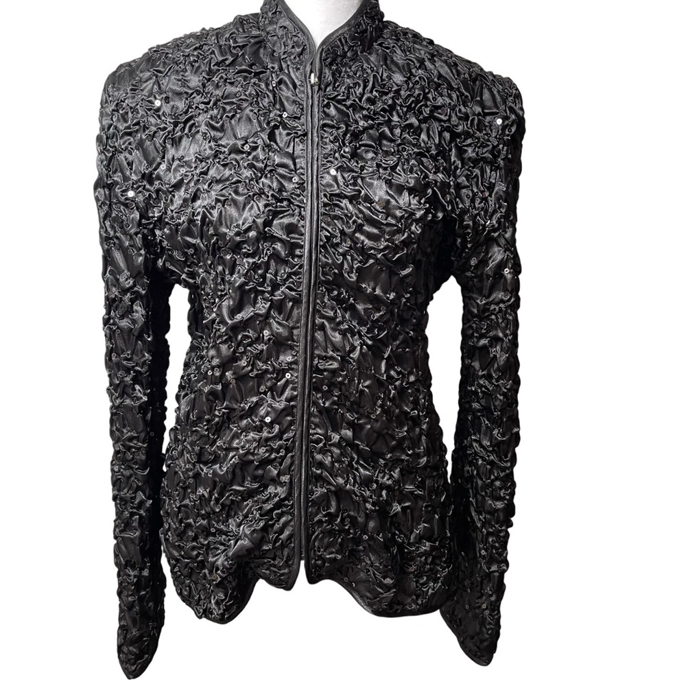 MSK Black Satin Ruched Sequins Zip Up Jacket Mandarin Collar Medium